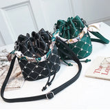 Vintage Leather Handbag Drawstring Silk Ribbon Bucket Shoulder Bag