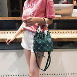 Vintage Leather Handbag Drawstring Silk Ribbon Bucket Shoulder Bag