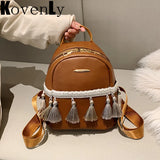 Leather Women Backpack School Bags for Teenage Girl Tassel Small Knapsack