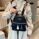 Leather Women Backpack School Bags for Teenage Girl Tassel Small Knapsack