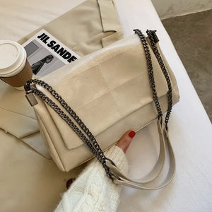Vintage Leather Shoulder Bag with Thick Chain Tote
