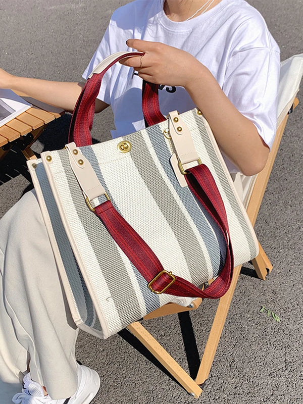 Spring Autum Canvas Stripe Tote Bag Vintage Shoulder Crossbody Bags