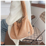 Checker Print Shoulder Bags Quilted Soft Plush Bags Winter Tote Bags