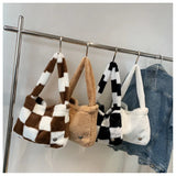Checker Print Shoulder Bags Quilted Soft Plush Bags Winter Tote Bags