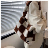 Checker Print Shoulder Bags Quilted Soft Plush Bags Winter Tote Bags