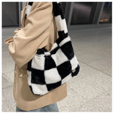 Checker Print Shoulder Bags Quilted Soft Plush Bags Winter Tote Bags