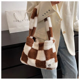 Checker Print Shoulder Bags Quilted Soft Plush Bags Winter Tote Bags