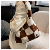 Checker Print Shoulder Bags Quilted Soft Plush Bags Winter Tote Bags