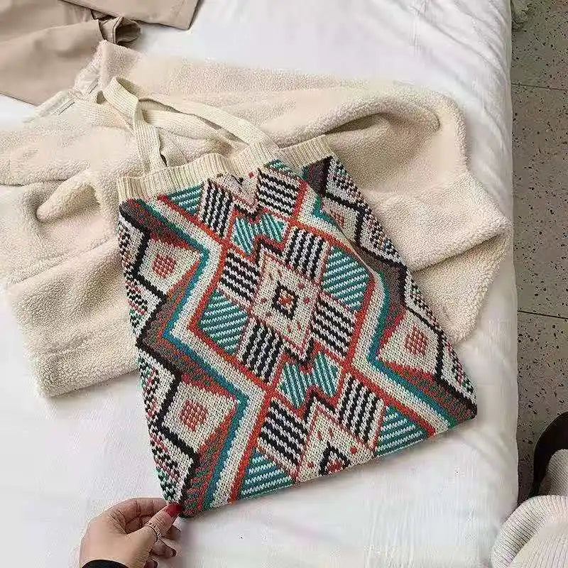 Bohemian Crochet Woolen Tote Bag for Women