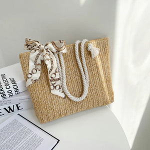 Spring Autumn Large-Capacity Straw Bag Silk Scarf Women's Shoulder Bag