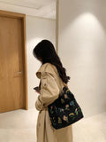 Velvet Flower Printed Tote Messenger Bag Large Capacity Handbag