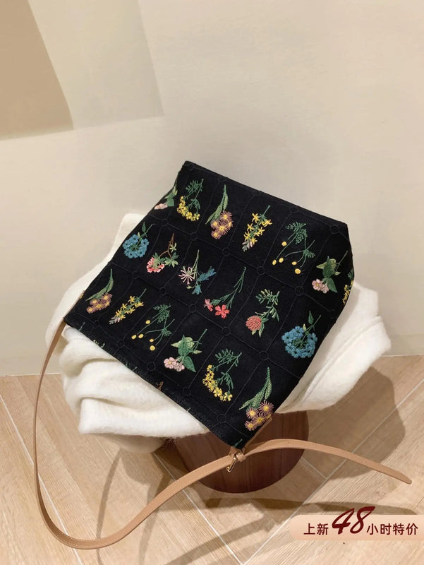 Velvet Flower Printed Tote Messenger Bag Large Capacity Handbag