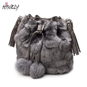Vintage Faux Rabbit Fur Women Bag Messenger Bags Shoulder Cross Chain Bucket Bag