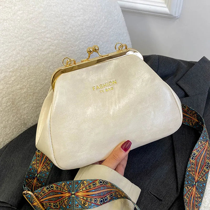 Vintage PU Leather Handbag Kiss Lock Clip Evening Clutch Retro Shoulder Bag