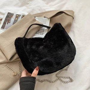 Winter Cow Print Shoulder Bag Soft Plush Handbag Female Chain Crossbody Bag