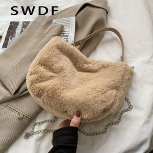 Winter Cow Print Shoulder Bag Soft Plush Handbag Female Chain Crossbody Bag