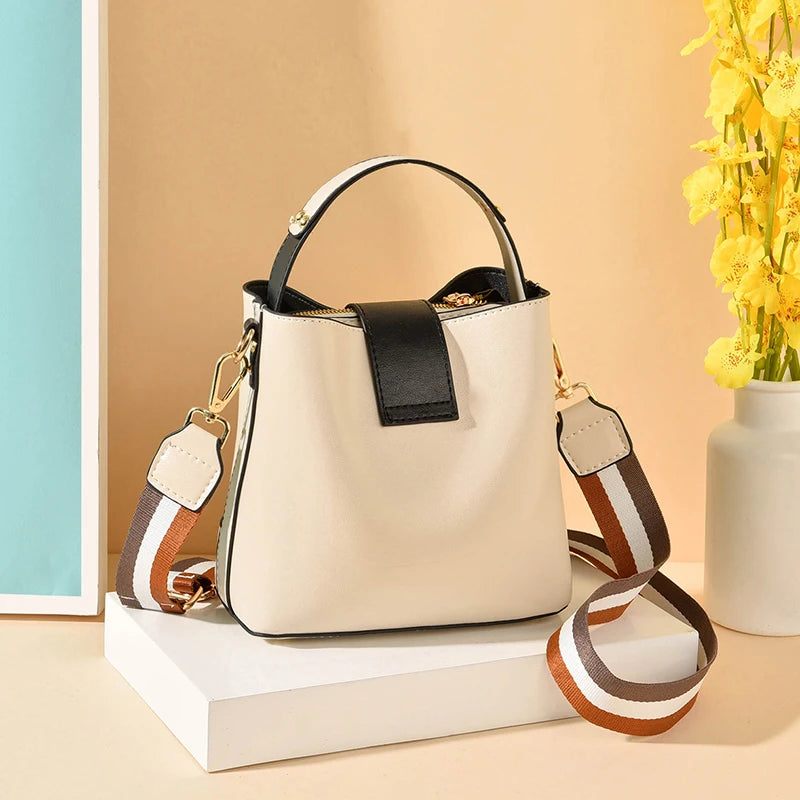 Colorful Strap Bucket Bag PU Leather Shoulder Crossbody Messenger Bag