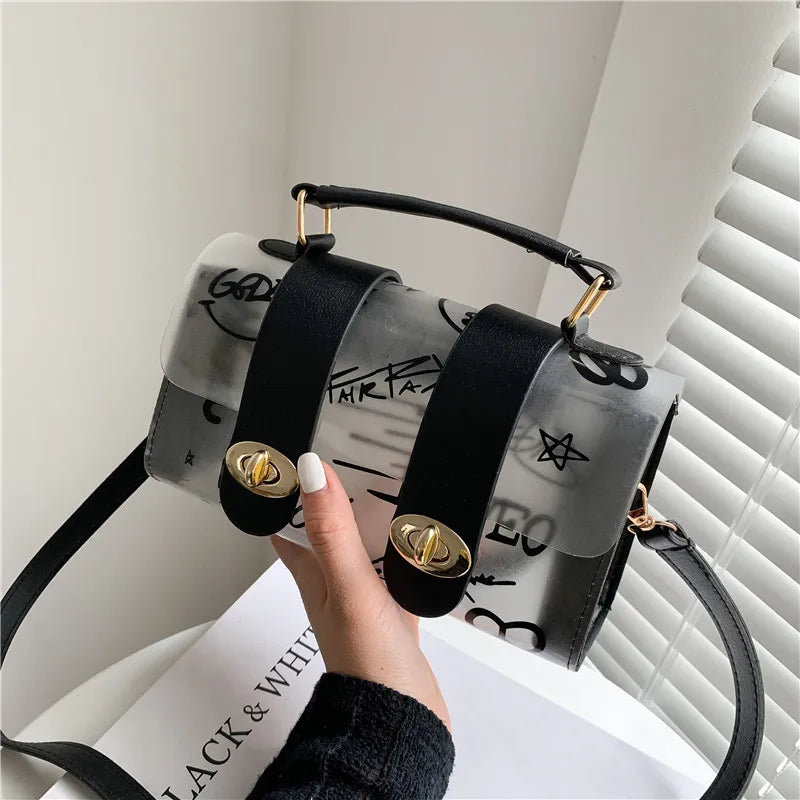 Women Transparent Graffiti Shoulder Bag PVC Messenger Handbag Crossbody Purse