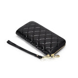 Rhomboid Quilted Zip Leather Long Clutch Bag with Wrist Strap