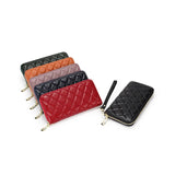Rhomboid Quilted Zip Leather Long Clutch Bag with Wrist Strap