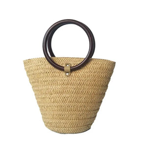 Straw Woven Bucket Bag with Ring Handle for Women