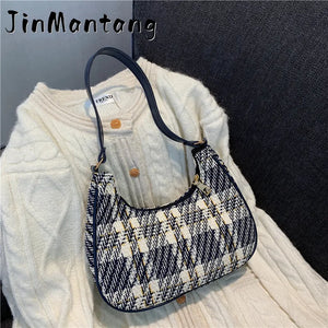 Plaid Canvas Women's Totes Crescent Shoulder Bag Zipper Handbags