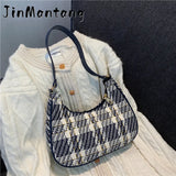 Plaid Canvas Women's Totes Crescent Shoulder Bag Zipper Handbags