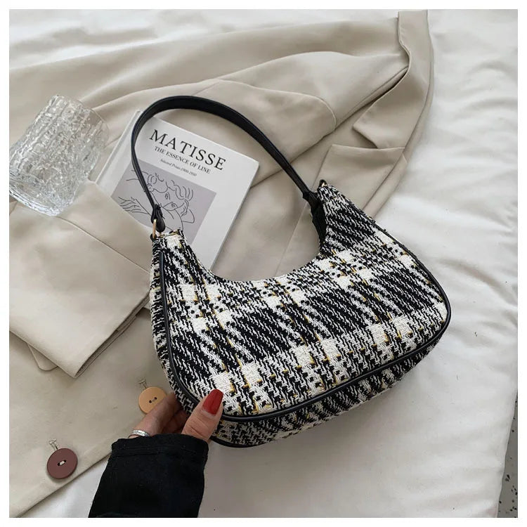 Plaid Canvas Women's Totes Crescent Shoulder Bag Zipper Handbags