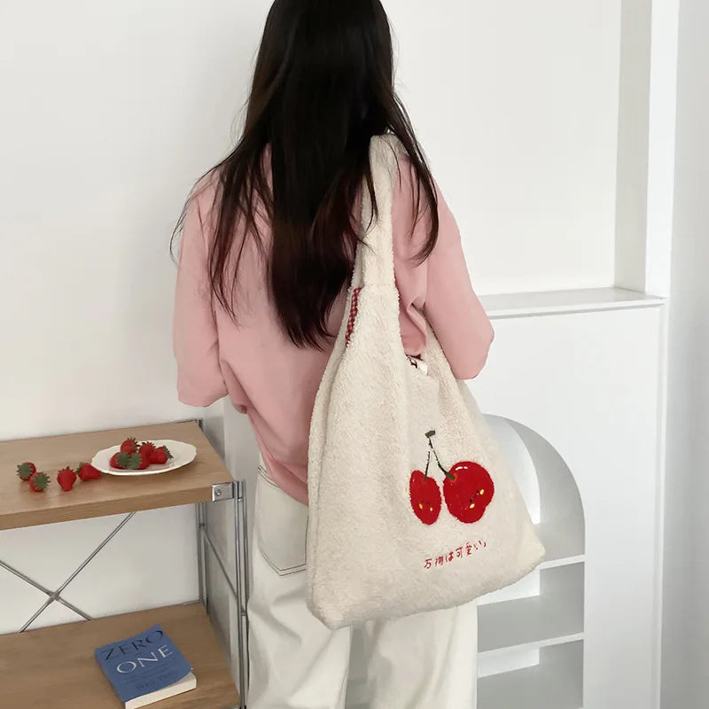 Embroidered Cherry Letter Tote Bag Shoulder Handbag
