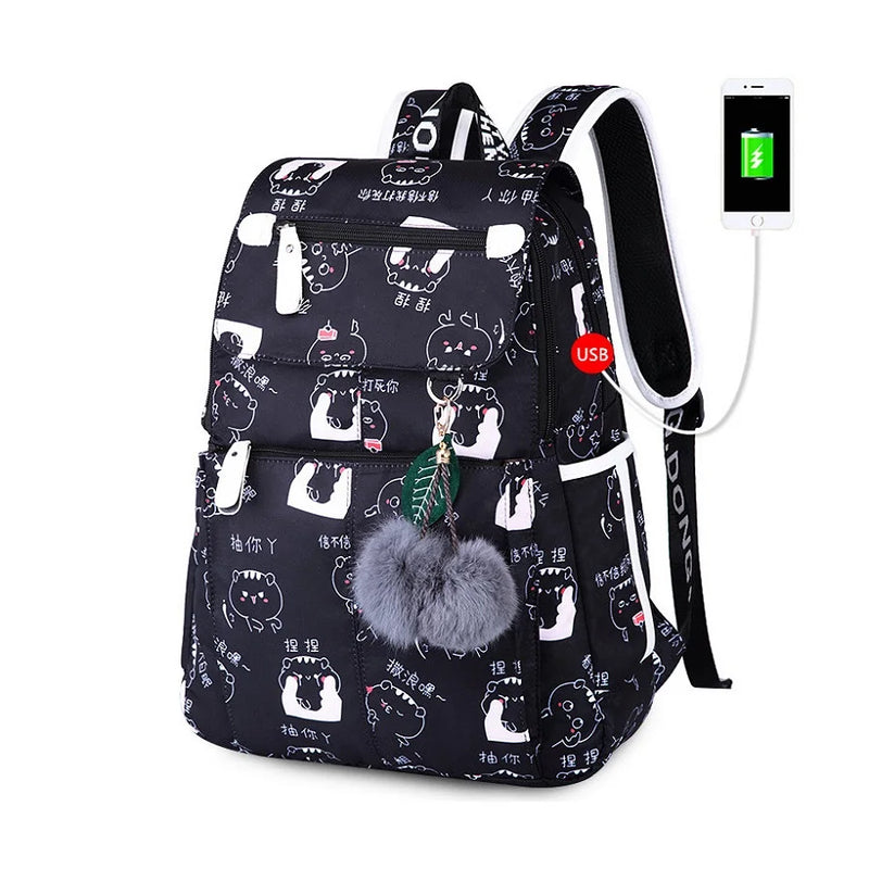 Girls Laptop Backpack USB School Bag Cat Backpack