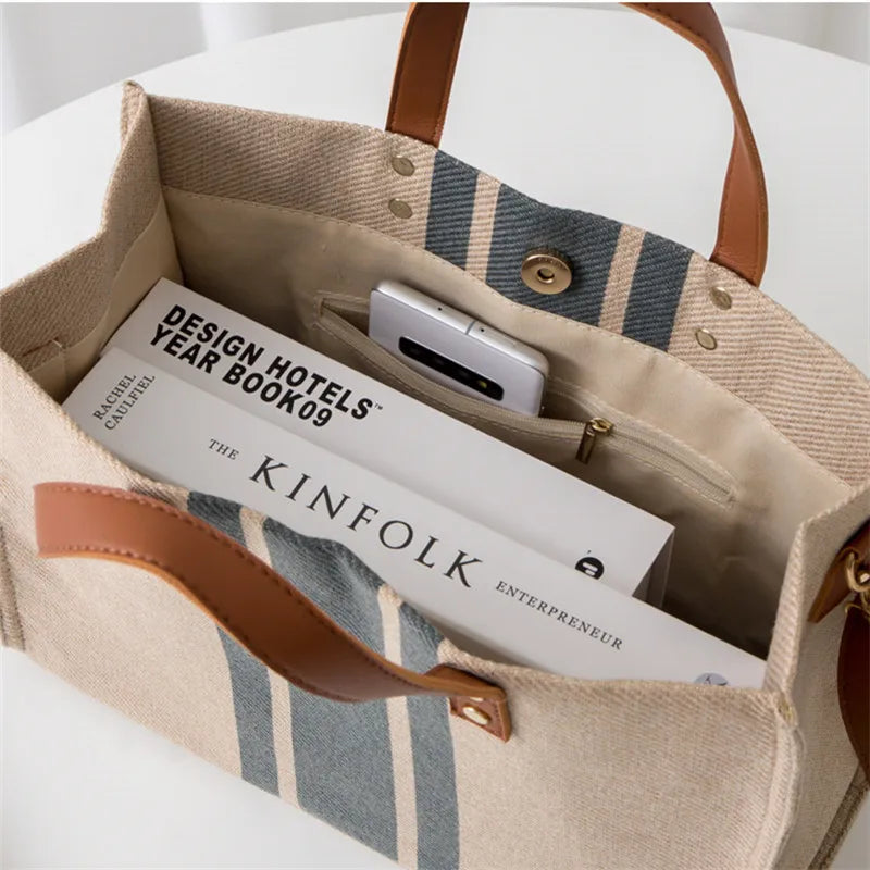 Vintage Striped Tote Bag Briefcase Style
