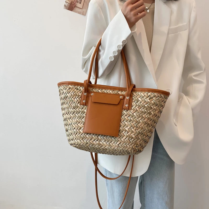 Summer Rattan Shoulder Bag Large Woven Tote Handbag
