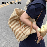 Casual Striped Straw Tote Shoulder Bag for Women
