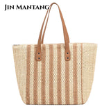 Casual Striped Straw Tote Shoulder Bag for Women