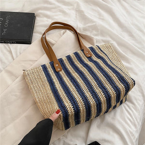 Casual Striped Straw Tote Shoulder Bag for Women
