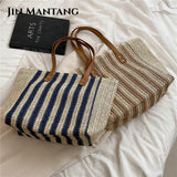Casual Striped Straw Tote Shoulder Bag for Women
