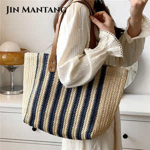 Casual Striped Straw Tote Shoulder Bag for Women
