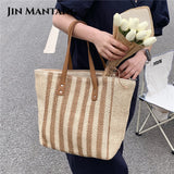 Casual Striped Straw Tote Shoulder Bag for Women