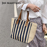 Casual Striped Straw Tote Shoulder Bag for Women