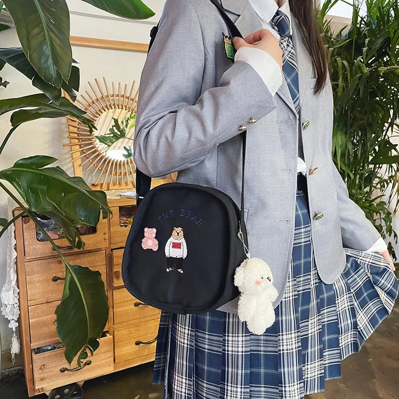 Summer Oval Canvas Shoulder Bag with Funny Embroidery Bear