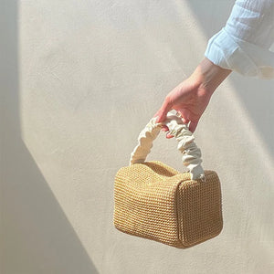 Summer Straw Woven Bag Retro Pleat Square Beach Bag