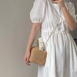 Summer Straw Woven Bag Retro Pleat Square Beach Bag