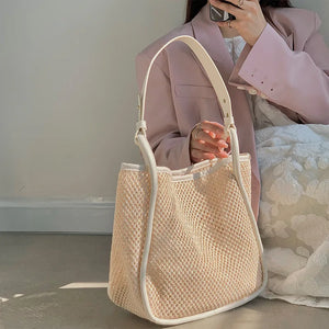 Large Straw Beach Tote Bag Hollow Woven Handbag Mesh Shoulder Shopping