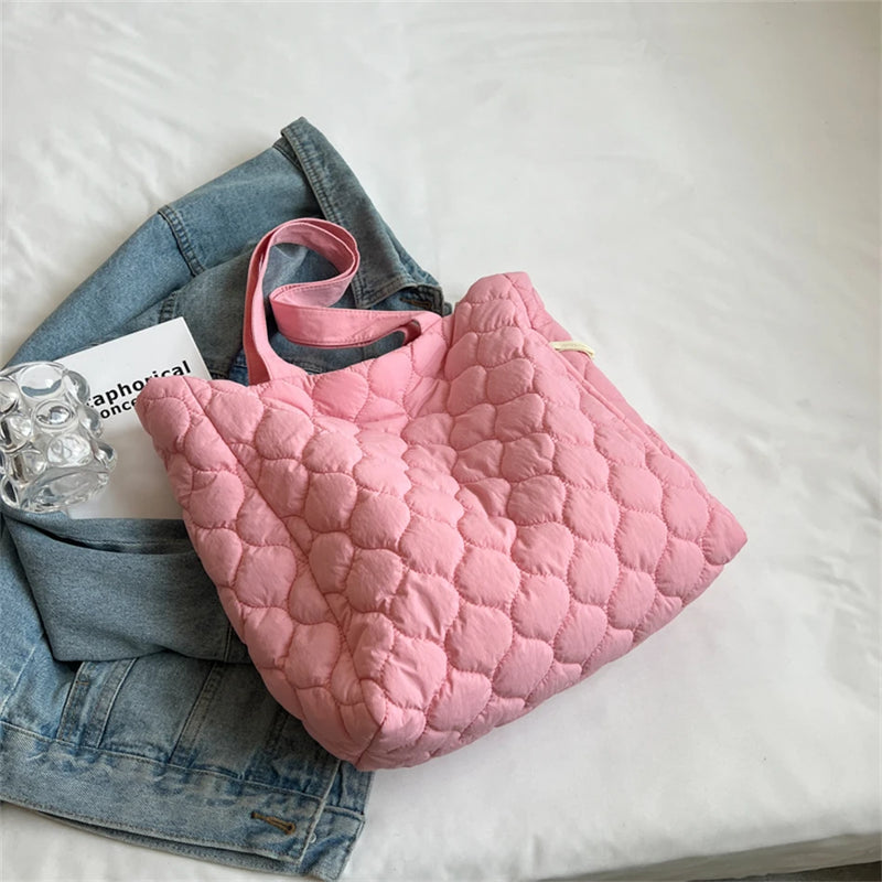 Quilted Nylon Shopper Handbag for Women, Big Shoulder Bag with Soft Cotton