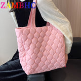 Quilted Nylon Shopper Handbag for Women, Big Shoulder Bag with Soft Cotton