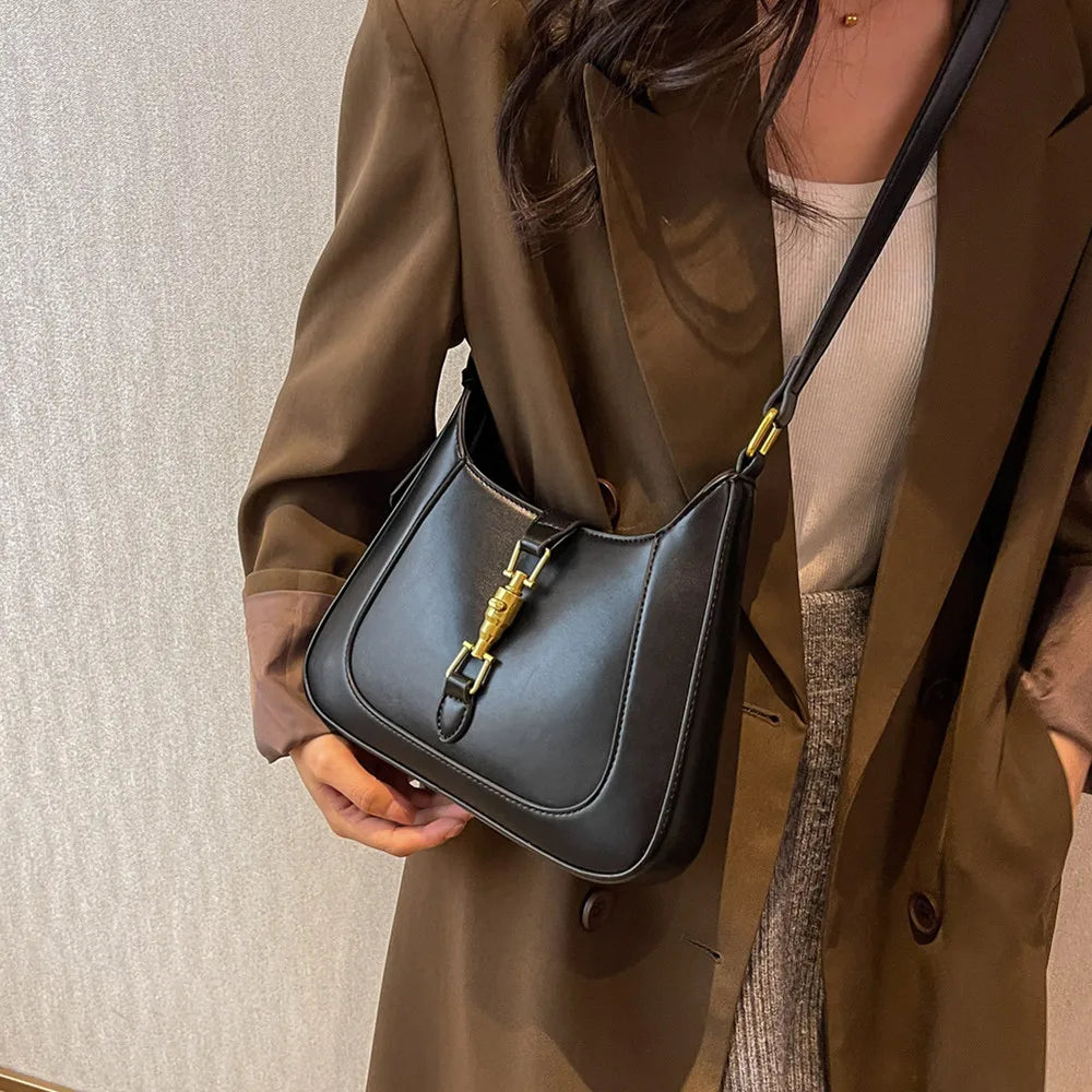 Vintage Half Moon Leather Crossbody Bag Underarm Women Handbags