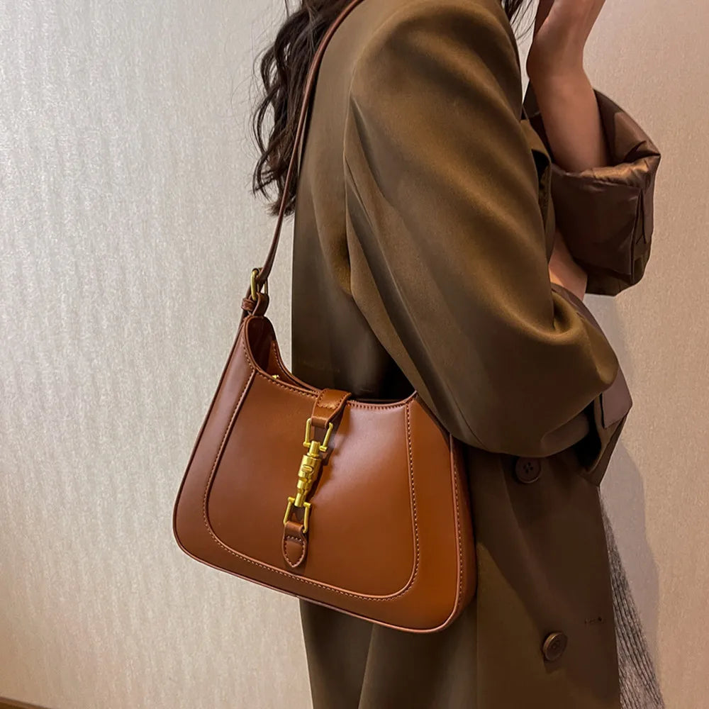 Vintage Half Moon Leather Crossbody Bag Underarm Women Handbags