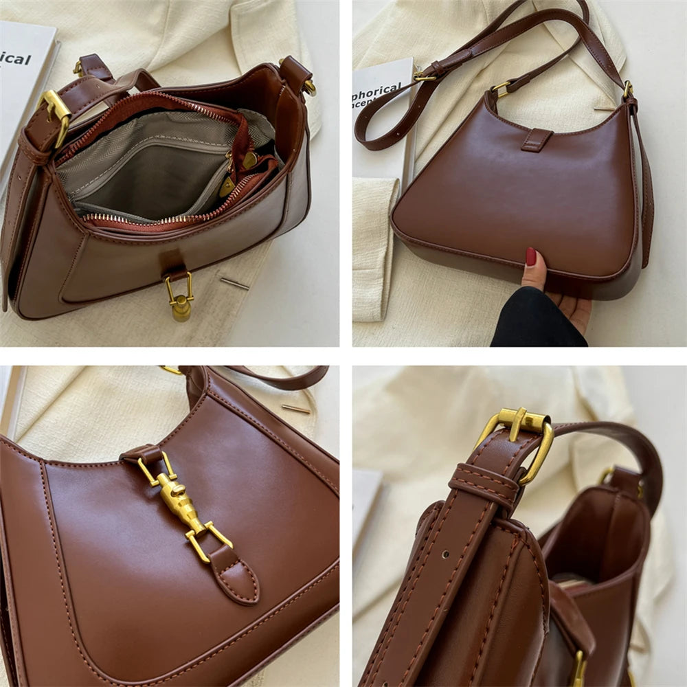 Vintage Half Moon Leather Crossbody Bag Underarm Women Handbags