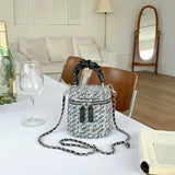 Tweed Women's Bucket Bag Ruched Tote Woolen Crossbody Handbag