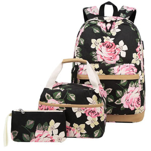 USB Charging Canvas Backpack 3 Pcs/set Women School Backpacks